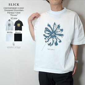 SLICK （ スリック ） ドロップショルダー 半袖 プリント Tシャツ - ( フラワープリント ) （ プリントTシャツ ）- ホワイト / ブラック