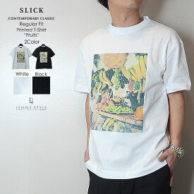 SLICK （ スリック ） レギュラーフィット 半袖 プリント Tシャツ - ( フルーツプリント ) （ プリントTシャツ ）- ホワイト / ブラック