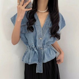 【半額クーポン対象】ウエストマーク デニム ベスト ジレ ショート丈 トップス ノースリーブ ペプラム カジュアル きれいめ 夏 おすすめ レディース オシャレ トレンド 人気 プチプラ 韓国ファッション【2061-brc1012】【予約販売：15-20日】【送料無料】宅込