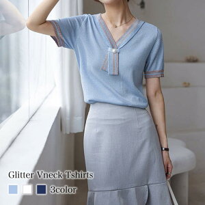Tシャツ レディース ラメ入りVネックTシャツ ブラウス 5分袖 春 スポーツ ゆったり ブラック 40代 ロゴ カジュアル 7分袖 薄手 Vネック かわいい ティーシャツ 大人 人気 涼しい シャツ カット