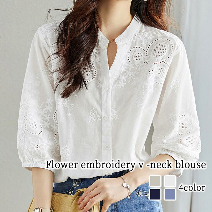 全4色 リネンシャツ ブラウス チュニック Tシャツ 大きいサイズ 刺繍 花柄 半袖 ラウンドネック ゆったり 体型カバー シンプル 可愛い  カジュアル ガーリー お出かけ デイリー リゾート デート 女子会 夏 ホワイト ピンク イエロー ブルー | Like Fashion 花刺繍 ホワイト Tシャツ ゆったり