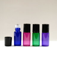 【遮光性 ロールオンボトル】3ml ブルー パープル グリーン ピンク ガラス 黒キャップ 携帯 化粧 アロマ …