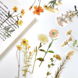 【イエロー 黄色 お花 クリア ステッカー】40枚入 装飾 シール デコレーション PET素材 透明 押し花 ドライフラワー フラワー コラージュ 北欧 かわいい おしゃれ