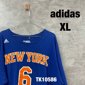 【中古】adidas アディダス ブルー Tシャツ 半袖 XL メンズ コットン クルーネック ビッグプリント NBA バスケ ポルジンギス USA 海外輸入 古着 TK10586