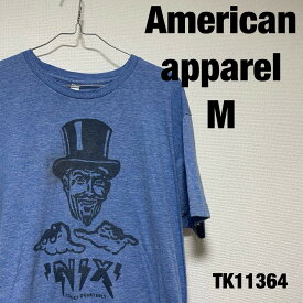 【中古】 American Apparel USA製 Tシャツ 半袖 M ブルー ビッグプリント イラスト NIX comics quarterly 男性 老人 アメリカンアパレル 古着 TK11364