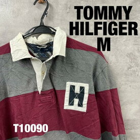 【中古】TOMMY HILFIGER トミー グレー レッド ストライプ ハーフボタン ラガーシャツ M 長袖 ワッペン USA 海外輸入 古着 T10090