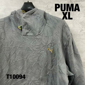 【中古】PUMA プーマ グレー フーディー フード パーカー XL 長袖 ワンポイントロゴ フードボタン カンガルーポケット 裏起毛 USA 海外輸入 古着 T10094