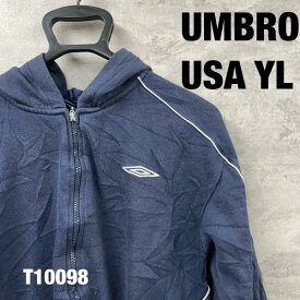 【中古】umbro ネイビー ジップアップ フーディー フード パーカー USA YL 長袖 刺〓ロゴ 裏起毛 キッズ USA 海外輸入 古着 T10098