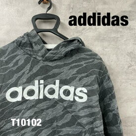 【中古】adidas アディダス グレー フーディー フード パーカー 長袖 ビッグロゴ プリントロゴ 総柄 カンガルーポケット 裏起毛 USA 海外輸入 古着 T10102