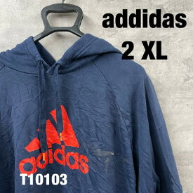 【中古】adidas アディダス ネイビー フーディー フード パーカー 2XL 長袖 ビッグロゴ プリントロゴ カンガルーポケット USA 海外輸入 古着 T10103