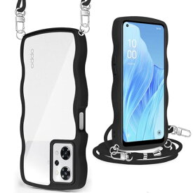 OPPO Reno9 A/OPPO Reno7 A ケース クリア ショルダー OPG04 カバー うねうね 透明 人気 かわいい 耐衝撃 スマホケース 首かけ 肩掛け 薄型 軽量 TPU ストラップ付き 取り外し可能 長さ調整可能 ワイヤレス充電対応（ブラック）