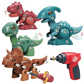 INVINZER 恐竜 おもちゃ 大工さんごっこおもちゃ 電動ドリル DIY恐竜立体パズル 組み立ておもちゃ こども向け STEM知育玩具 4種類セ