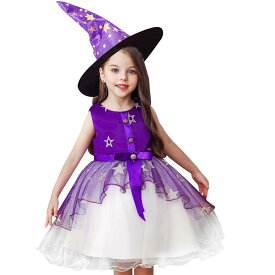 ハロウィン 魔女 コスプレ ハロウィン コスチューム キッズドレス+帽子 魔女 悪魔 ウィッチ 可愛い ワンピース 子供ドレス 子供 女の子 イベント パーティー 仮装 発表会 演出 (150cm, パープル) Lhyxuuk
