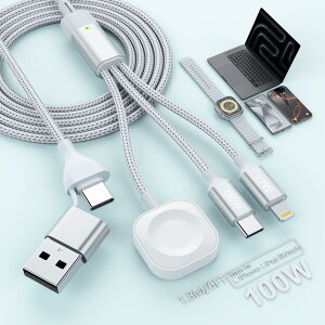 充電ケーブル 3in1 充電コード 100W PD対応 5A急速充電 Lighting+Watch+USB C 3台同時給電可能 iPhone 16 15 Pro Max、Galaxy S24 S23 S22 S21 S25 Ultra、MacBook Air/Pro、iPad、Apple Watch 10/9/8/7/6/5/4/3/2/1/Ultra 2/SE等多機種対