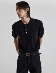[COSYHARU] Three-Button Collar Short Sleeve Knit
