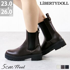 ブーツ レディース 厚底 5cmヒール ラウンドトゥ サイドゴア 履きやすい 軽量 ミドル 合成皮革 レザー 防寒 黒 ブラック 茶 ダークブラウン アイボリー 23-26.0cm No.9086 リバティードール 【一部SALE】