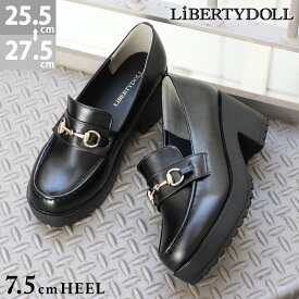 ローファー レディース 厚底 黒 ビット 付き 大きいサイズ 歩きやすい 滑りにくい 軽量 軽い 通勤 通学 学生 ラウンドトゥ ハイヒール 合成皮革 レザー 7.5cmヒール ブラック 25.5-27.5cm No.3038M リバティードール