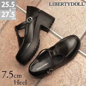 18%OFF 【ラスイチSALE】 パンプス Tストラップ 厚底 黒 軽量 ハイヒール 大きいサイズ 太ヒール 歩きやすい 7.5cmヒール レディース 身長アップ 細見え 合成皮革 ブラック No.3057M 25.5-27.5cm リバティードール