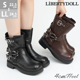 15%OFF 【SALE】 エンジニアブーツ レディース スクエアトゥ リングベルト 4cmヒール 歩きやすい 軽量 合成皮革 黒 ブラック 茶 ブラウン 22.5-24.5cm No.9153 リバティードール
