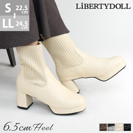 33%OFF 【SALE】ブーツ レディース ミドルヒール やわらかい ニットブーツ 痛くなりにくい 楽ちん 秋 冬 6.5cmヒール 合成皮革 PUレザー 黒 ブラック 22.5-24.5cm No.9154 リバティードール