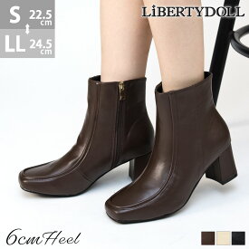 33%OFF 【SALE】 ブーツ レディース スクエアトゥ 6cmヒール Uチップ ショート丈 スタイルアップ 美脚 サイドジップ 履きやすい PUレザー 合成皮革 黒 ブラック アイボリー ダークブラウン 22.5-24.5cm リバティードール No.9155