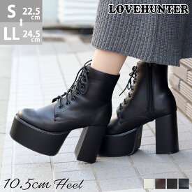 ブーツ レディース 厚底 ショート 10.5cmヒール 黒 チャンキーヒール スクエアトゥ 合成皮革 歩きやすい 地雷系 量産型 シューズ 靴 22-25cm ブラック シルバー No.1542 ラブハンター 【一部SALE】