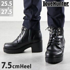 【楽天スーパーSALE限定★最大20％OFFクーポン&P5倍】 ブーツ レディース 大きいサイズ ショート 厚底 7.5cmヒール サイドジップ レースアップ ラウンドトゥ 歩きやすい タンクソール クッション レザー 合成皮革 メンズ No.1605M 25.5-27.5cm 黒 ブラック ラブハンター