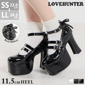 パンプス 黒 厚底 ハイヒール 11.5cmヒール ストラップ 足首 ベルト 脱げない シューズ 靴 歩きやすい リボン スクエアトゥ エナメル ブラック ホワイト 量産 地雷 ゴスロリ ロリータ かわいい おでこ靴 22-24.5cm No.1645 ラブハンター