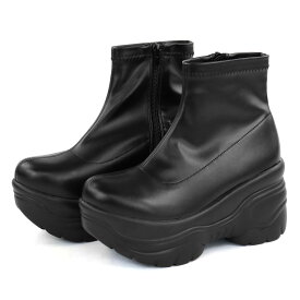 ブーツ ショート丈 レディース ストレッチ 厚底 8cmヒール 美脚 サイドジップ ラウンドトゥ 歩きやすい PUレザー 合成皮革 No.1653 22.5-25cm 黒 ブラック ラブハンター