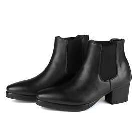 15%OFFクーポン有 【ポイント5倍】 ブーツ メンズ 黒 サイドゴア 厚底 6.5cmヒール プラットフォーム 太ヒール 3E レザー 合成皮革 履きやすい 足首丈 アンクル プレーントゥ 脚長効果 身長アップ おしゃれ No.6833 25-27cm ブラック ラブハンター