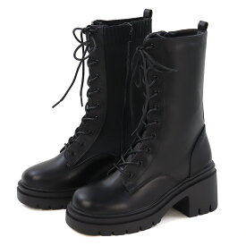 ブーツ レディース レースアップ 靴紐 編み上げ ミドルブーツ 軽量 履きやすい 厚底 ハイヒール 7.5cmヒール 歩きやすい ラウンドトゥ リブ ニット PUレザー 合成皮革 No.9127 22.5-24.5cm 黒 ブラック リバティードール