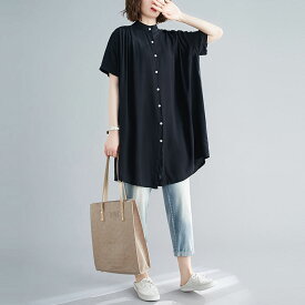 【一部短納期・大好評/期間限定2480円】シャツ トップス ブラウス レディース チュニック 半袖 ロングシャツ シャツワンピ 夏 無地 ボタン止め フレアシルエット ギャザー入り ゆったり 着まわし 春 50代 40代 30代 20代 薄手 夏 シンプル 涼しい 送料無料