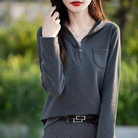 春 コーデ レディース ファッション オシャレ カワイイ シンプル きれいめ ナチュラル 上品カジュアル 婦人服 カジュアル ハーフ ジップ フード付き スウェットシャツ ショルダー トップス 防寒 レイヤリング シャツ パーカー