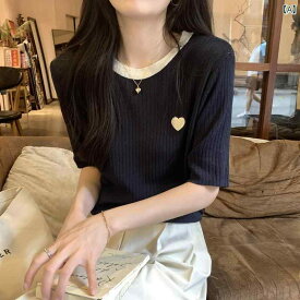 レディース 女性用 ファッション オシャレ カワイイ ゆったり スリム アイスシルク セーター トップ コントラスト カラー ラウンドネック 刺繍 T シャツ 半袖