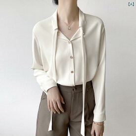 レディースファッション　おしゃれ　かわいい　韓国ファッション オフ ホワイト シフォン シャツ レディース 春 通勤 プロ シャツ リボン トップ