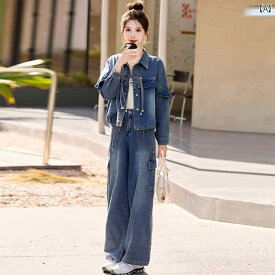 レディースファッション　おしゃれ　かわいい　韓国ファッション 女性用 チャイナ風 デニムスーツ モダン ゆったり パンツ ボタン 付き ジャケット カジュアル 2点 セット