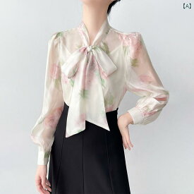 レディースファッション　おしゃれ　かわいい　韓国ファッション ローズピンク プリント シャツ レディース 春 長袖 フレンチ シフォン トップ