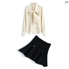 レディースファッション　おしゃれ　かわいい　女性用　　韓国ファッション フレンチ レース アップ リボン シャツ トップ Aライン ふわふわ スカート プラス サイズ スーツ