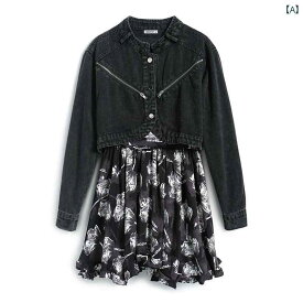 レディース ファッション 女性用 オシャレ カワイイ クール 黒 グレー デニム ショート コート フレンチ 花柄 スカート 大きいサイズ 2点 セット