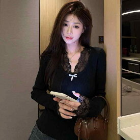 春 コーデ レディース ファッション オシャレ カワイイ シンプル きれいめ ナチュラル 上品カジュアル 婦人服 リボン レース 配色 ベース ウール セーター スリム インナーウェア スウィート 長袖 トップス