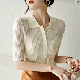 レディース ファッション 女性用 オシャレ カワイイ ホワイト 白 フレンチ ラペル 半袖 T シャツ トップス アイスシルク セーター
