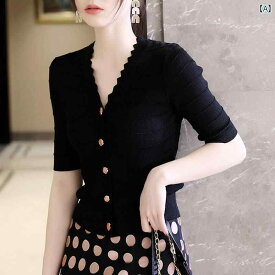 レディース ファッション 女性用 オシャレ カワイイ 婦人服 黒 エッジ アイスシルク セーター 半袖 T シャツ