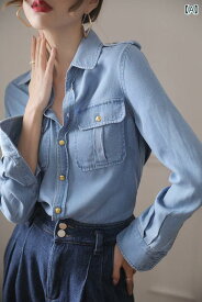 レディース ファッション 女性用 オシャレ カワイイ 婦人服 テンセルデニム シャツ デザイン 個性的 春 長袖 シャツ