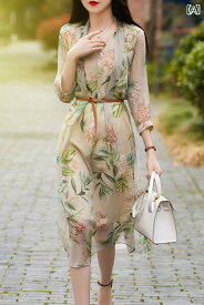 レディース ファッション 女性用 オシャレ カワイイ 婦人服 レース アップ プリント ミドル丈 スカート シフォン ドレス