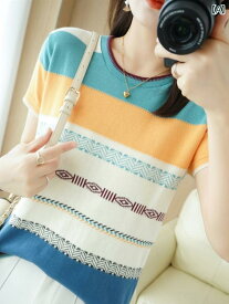 レディース ファッション 女性用 オシャレ カワイイ レインボーストライプ 半袖 T シャツ 綿 セーター ゆったり トップス