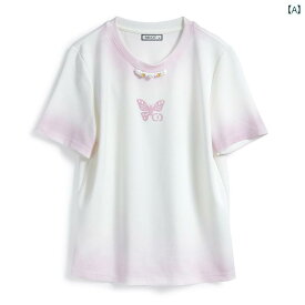 レディース ファッション オシャレ カワイイ 女性用 グラデーションカラー ラウンドネック ビーズ ボタン 綿 カジュアル T シャツ