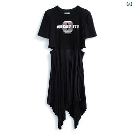 レディース ファッション オシャレ カワイイ 女性用 プリント ショート T シャツ イレギュラー プリーツ フェイク ツーピース ワンピース