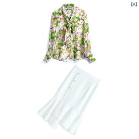 レディース ファッション オシャレ カワイイ 女性用 フローティング カラー 花柄 プリント シルクシャツ 大きいサイズ フィッシュテール スカート スーツ