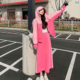 レディース ファッション オシャレ カワイイ 女性用 シンプル 大人カワイイ 大きいサイズ ピンク スポーツ レジャー スーツ 春 フード 付き スウェットシャツ スカート