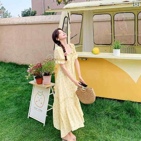 レディース ファッション オシャレ カワイイ 女性用 シンプル 大人カワイイ 大きいサイズ 婦人服 黄色 花柄 シフォン ドレス 夏 ロング スカート
